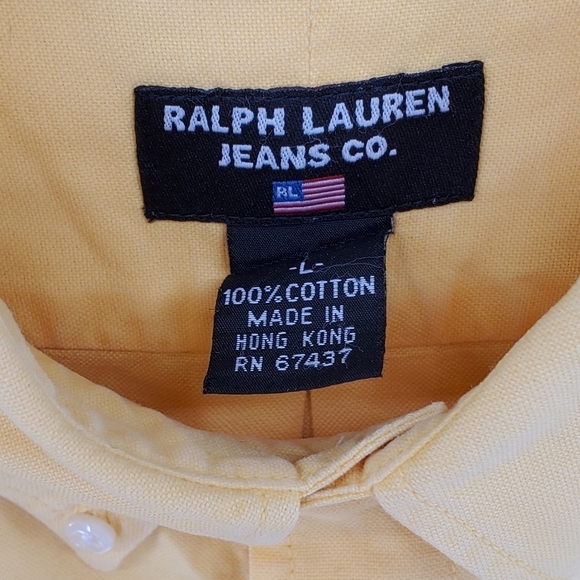 Vtg Y2K Ralph Lauren Jeans RL67 Logo Shirt Yellow Button Men L Gauzy Cotton Pkt - Picture 2 of 10